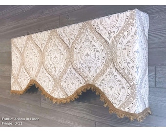 Shaped Rod Pocket Custom Valance, Fits Single Window 33 - 42" ONLY, Spa Blue/Green, Light Brown, Coral Pink; Ariana