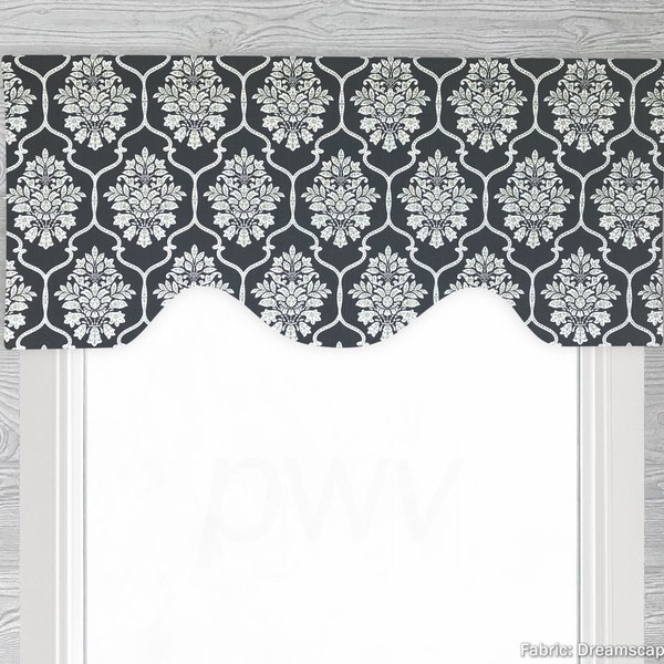 Shaped Rod Pocket Custom Valance, Fits Single Window 33 - 42 Inches ONLY, Cornice Style, Modern Floral Medallion; Black; Gray; Dreamscape