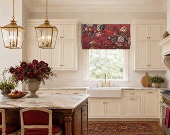Floral Cottage Roman Shade in Dark Red Wine, Faux Shade Valance for Kitchen; Custom Window Treatment, Queensland in Crimson