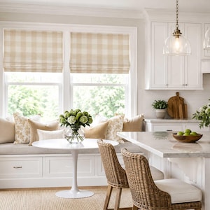 Breakfast Nook Faux Shade Valance, Beige Tan Plaid Roman Shade, Neutral Custom Window Treatment for Kitchen, Anderson in Cloud Linen