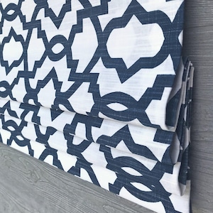 Lined Dark Blue and White Faux (Fake) Flat Roman Shade Window Valance, Modern Geometric Lattice; Sheffield in Premier Navy