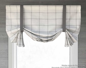 Custom Tailed Balloon Shade Valance with Deep Swags for Single to Extra Wide Window; Modern Farmhouse; Aaron in French Grey