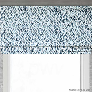 Lined Dark Blue and White Faux (Mock) Roman Shade Valance; Modern Pattern; Lotus in Italian Denim; for Kitchen and Bath,  Custom Sizing