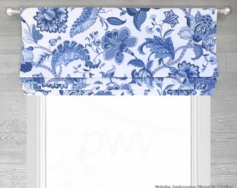 Lined Faux (Fake) Roman Shade Valance; Jacobean Floral in Deep Blue on Bright White; ; Arabesque Floral in Marina;