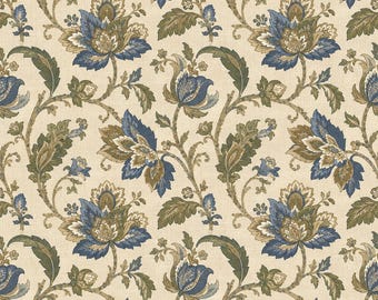 Mona in French Blue Floral Jacobean Teal Olive and Natural Pinch Pleat Back Tab or Rod Pocket Drapery Curtain, Custom, Sold Per Panel