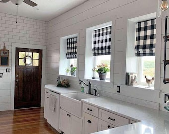 Black White Modern Farmhouse Kitchen Roman Shade, Faux Shade Valance Buffalo Check Plaid; Anderson in Black