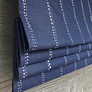 Lined Dark Blue and White Lined Faux Flat Roman Shade Window Valance, Modern Dot Stripe; Navy, Vintage Indigo; Carlo;  Custom Sizing