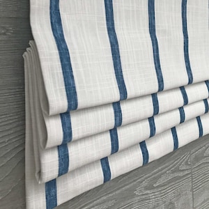 Faux Roman Shade Window Valance, Modern Farmhouse Stripe in Navy on Off White; Miles in Italian Denim;  Custom Sizing, Slub Texture