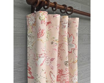 Pinch Pleat Back Tab or Rod Pocket Drapery Curtain, Soft Pink Traditional Florals on Textured Cotton, Romolo in Blush, Sold Per Panel