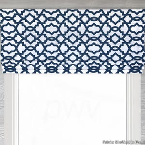 Lined Dark Blue and White Faux (Fake) Flat Roman Shade Window Valance, Modern Geometric Lattice; Sheffield in Premier Navy