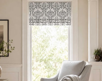 Roman Shade, Faux Shade Valance, Gray and White; Modern Damask Medallions; Traditions in Storm