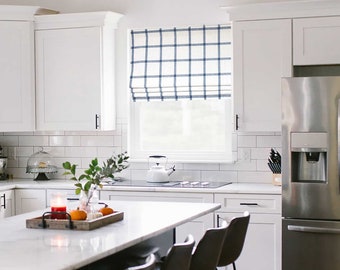 Lined Dark Blue and Off White Faux (Stationary) Flat Roman Shade Kitchen Valance; Modern Farmhouse Buffalo Check; Aaron in Italian Denim