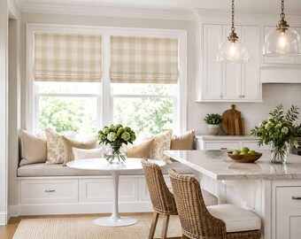 Breakfast Nook Faux Shade Valance, Beige Tan Plaid Roman Shade, Neutral Custom Window Treatment for Kitchen, Anderson in Cloud Linen