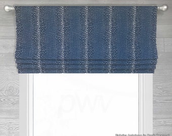 Lined Dark Blue, Navy, and White Stripes Faux Fake Flat Roman Shade Valance, Antelope in Dark Peacoat;  Custom Sizing