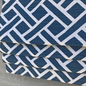 Lined Dark Blue and White Faux (Fake) Flat Roman Shade Window Valance; Geometric Lattice; Eastwood in Italian Denim