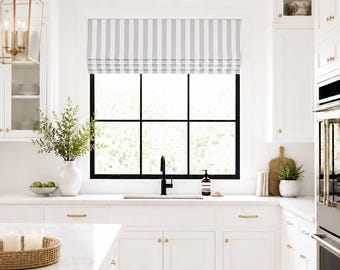 Gray and White Stripe Roman Shade, Modern Farmhouse Kitchen Faux Shade Valance, Custom Window Treatment, Canopy in French Grey