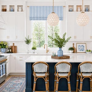 Blue Stripe Faux Shade Valance, Farmhouse Kitchen Roman Shade, Modern Coastal Window Treatment for Bathroom, Windridge Mineral Blue