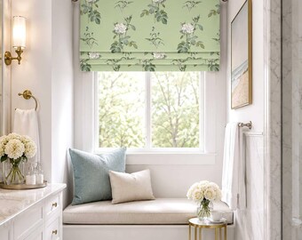 Cottage Bedroom and Bath Roman Shade, Faux Shade Valance in Mint Green Gray White Floral, Custom Window Treatment, Salinas Branch in Mint