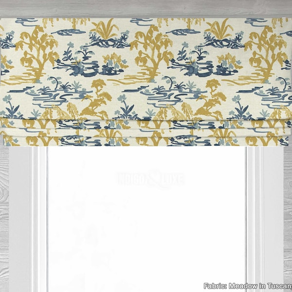 Lined Blue and Yellow Faux (Fake) Roman Shade Valance; Window Curtain for Kitchen, Living, Bath, or Bedroom; Meadow in Tuscany Fisher