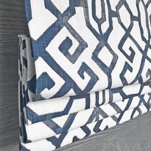 Lined Blue and White Faux Flat Roman Shade Window Valance; Chinoiserie Modern Oriental Lattice; Jing