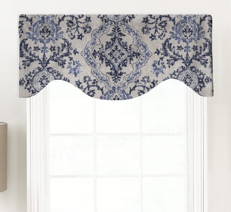 Stone Magnolia Home Fashions Avalon Navy Blue Florals Fits Single Window 33-42 Inches ONLY Shaped Rod Pocket Custom Valance Brown