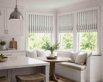 Roman Shade, Faux Shade Valance, Modern Farmhouse Stripe in Black/Gray on Off White; Miles in Ink