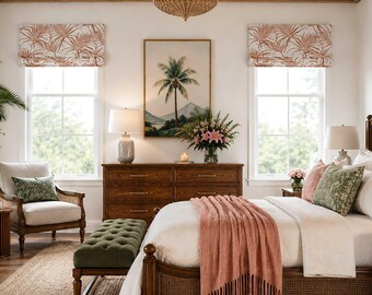 Tropical Bedroom Roman Shade, Coastal Faux Shade Valance in Orange Clay and White, Modern  Coastal Window Treatment, Karoo in Potters Wheel