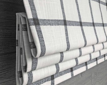 Check Plaid Roman Shade in Black and Off White, Modern Farmhouse Kitchen Faux Shade Valance; Modern Farmhouse, Buffalo Check; Aaron in Ink