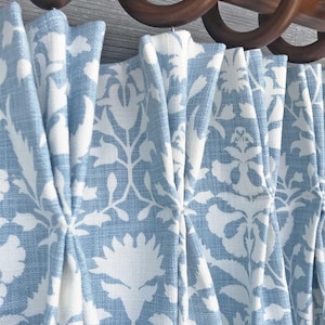 Peacefulness in Luna Pinch Pleat Drapery 84 96 108 Cafe Curtain, Floral Medallions in Light Blue and White, Priced Per Each Panel
