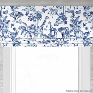 Lined Blue and White Faux (Fake) Flat Roman Shade Window Valance, Modern Animal Print; Window Curtain; Meru in Commodore Blue