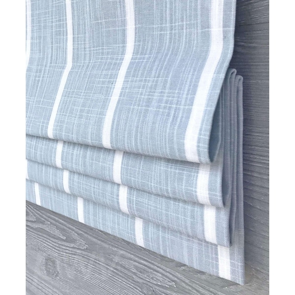 Mineral Blue and White Modern Farmhouse Stripe Faux Flat Roman Shade Window Valance; Windridge; Custom Size Width