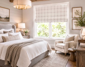 Modern Farmhouse Grey and Off White Check Roman Shade for Bedroom, Kitchen Faux Shade Valance, Custom Window Treatment, Aaron in French Grey