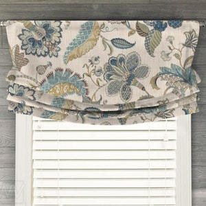 Custom Relaxed Roman Shade Balloon Valance; Jacobean Floral in Teal Taupe Cream; Finders Keepers in French Blue