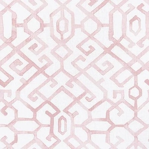 Jing in Blush Rod Pocket Drapery 84 96 108, Cafe Curtain, Chinoiserie Modern Oriental Lattice; Pink and White, Sold Per Each Single Panel