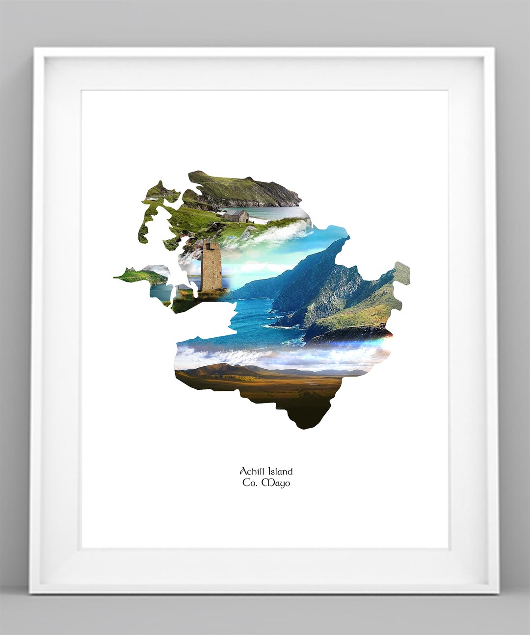 Achill Island Print, County Mayo Map, Irish Island, Keem Bay, Achill Mountains, Granuailes Tower ...