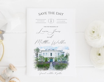 Watercolor Wedding Venue Save the Date, Printable Wedding Invitation, Custom Wedding Invitation, Venue Illustration, Instant Download