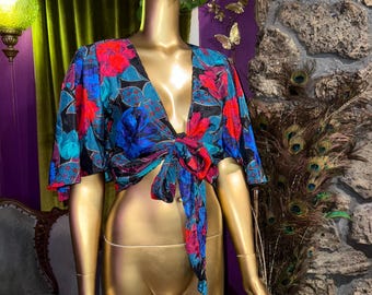 Silky Floral Wrap Crop Top: Jewel Toned Short Sleeve Blouse