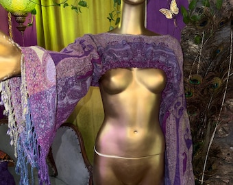 Vibrant Purple Paisley Pashmina Long Sleeves Free Size Flowy Ultra Crop Top/ Shrug
