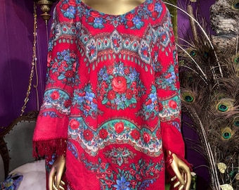 Red Floral Flowy Handmade Poncho Shirt