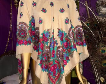 Cream Floral Handmade Poncho With Suede Fringe Trim
