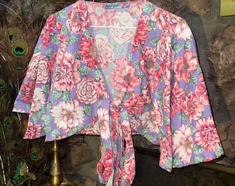 Free Size Floral Wrap Crop Top with Flowy Short Sleeves Eclectic Clothes