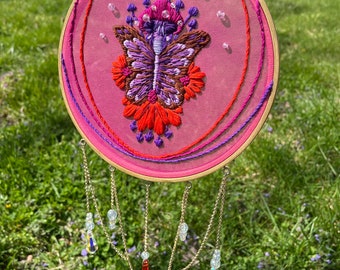 Butterfly Mushroom Embroidery Hoop, Crystals & Chains, Whimsygoth Decor