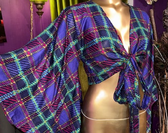 Free Size Electric Plaid Wrap Crop Top with Flowy Long Sleeves Eclectic Clothes