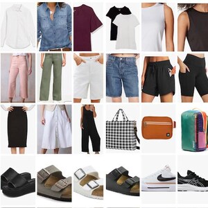 Puede incluir: Una colección de ropa y accesorios, que incluye camisas, pantalones cortos, pantalones, faldas, vestidos, sandalias, zapatillas deportivas, una mochila, un bolso tote y una riñonera. Los artículos son de varios colores y estilos.