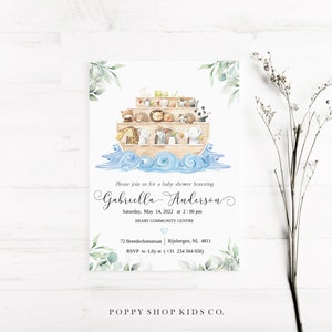 Editable Noah&#39;s Ark Baby Shower Invitation | INSTANT DOWNLOAD | Watercolor Noah&#39;s Ark | Baby Shower Templett,