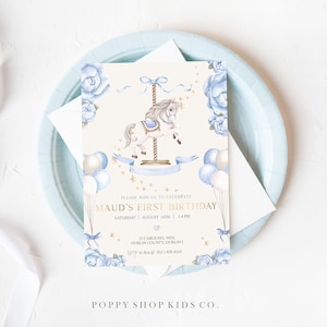 Invito primo compleanno carosello blu completamente modificabile DOWNLOAD IMMEDIATO / Carousel Pony / Compleanno magico carosello, Templett,