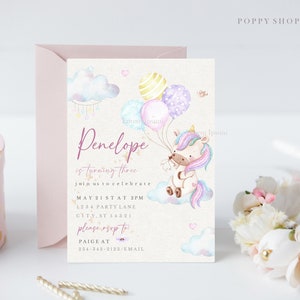 Invitación de cumpleaños de unicornio arco iris pastel DESCARGA INSTANTE, / Totalmente editable / Arco iris, Unicornio, Globos Templett,