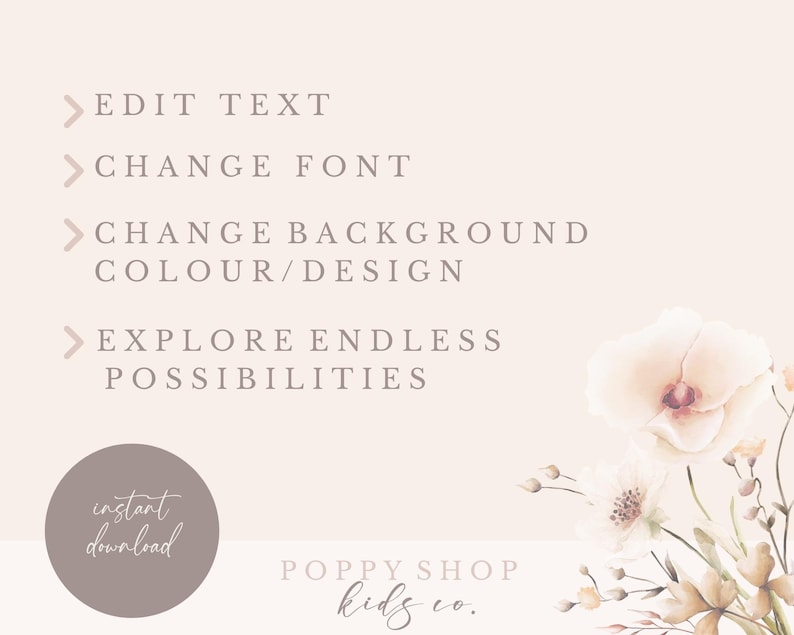 May include: A digital design template with a floral background and text that reads "EDIT TEXT", "CHANGE FONT", "CHANGE BACKGROUND COLOUR/DESIGN", "EXPLORE ENDLESS POSSIBILITIES", "instant download", "POPPY SHOP kids co."