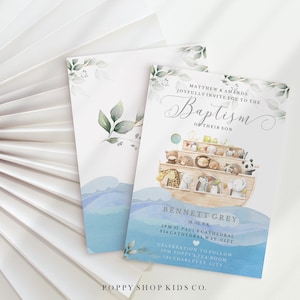 Christening Invitation - Noah&#39;s Ark INSTANT DOWNLOAD  | Watercolor Ocean Blue  |  Noah&#39;s Ark  Baptism Baby Templett,