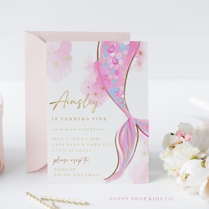 Invitación de cumpleaños de sirena DESCARGA INSTANTE, / Invita a niñas / 5o cumpleaños, Sirena, Templett rosa,